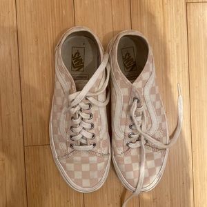 Pink and White Laced checkered Vans